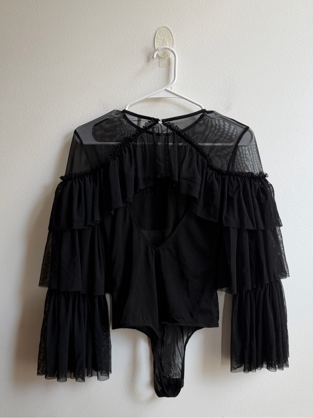 Amanda Uprichard Black Mesh Tiered Sleeve Bodysuit - Picture 5 of 6